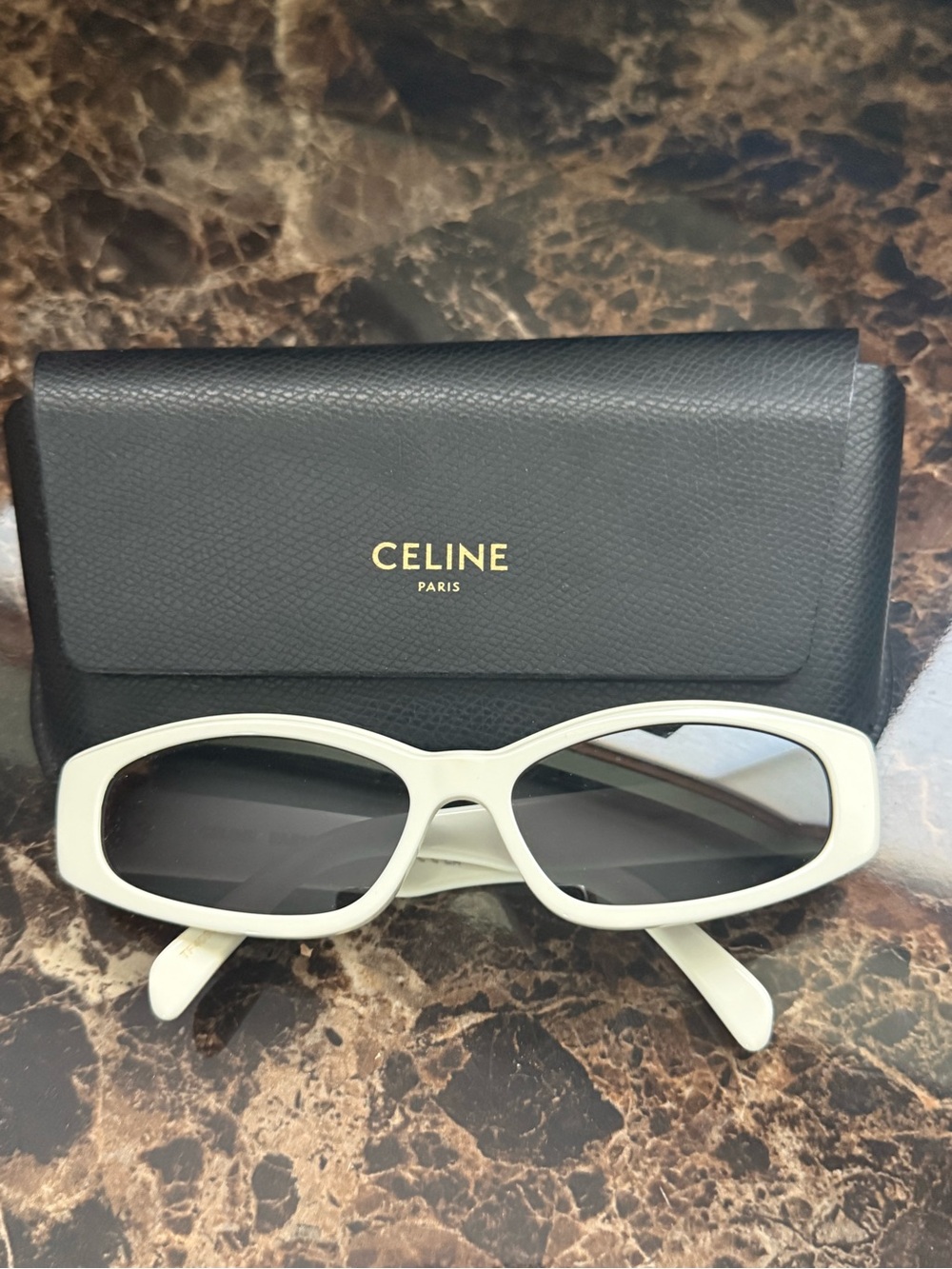Celine White Slim Rectangular Sunglasses with Dark Lenses